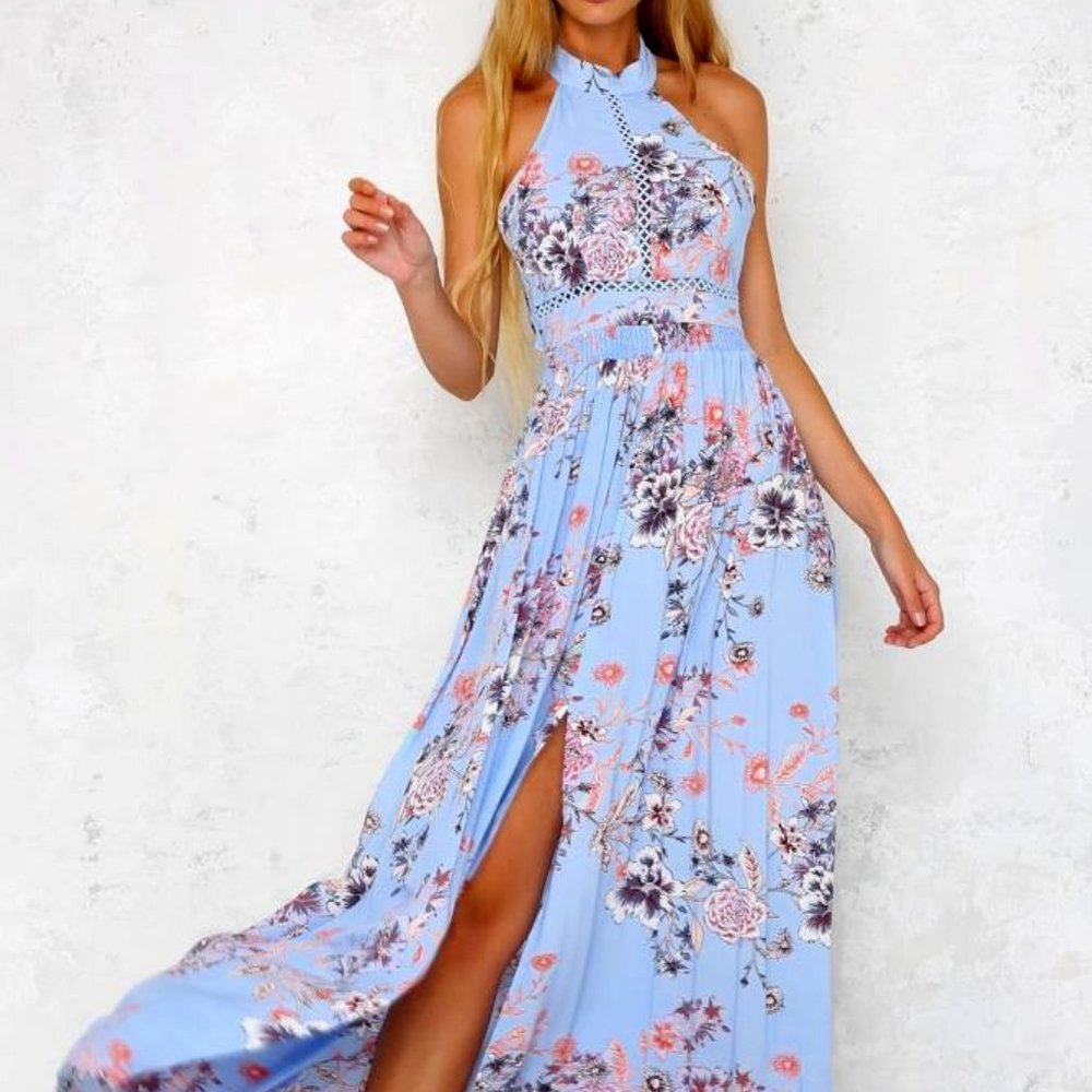 Light Blue Floral High Neck Open Back Maxi Dress - S - Like New Summer Boho Slit